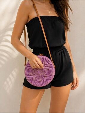 Street Level Pink Round Rattan Crossbody Bag Woven Straw Leather Strap Boho